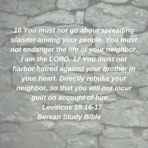 16 You must not go about spreading slander among your people. You must not endanger the life of your neighbor. I am the LORD. 17 You must not harbor hatred against your brother in your heart. Directly rebuke your nei.png